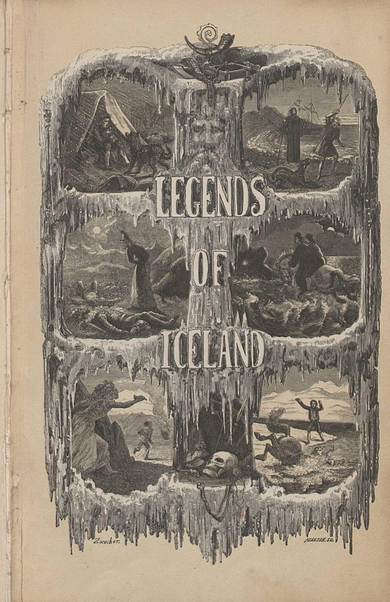 Kápa bókarinnar Legends of Iceland: titillinn innan um grýlukerti og sex smámyndir úr sögunum, meðal annars tjald, draugar, reiðmenn og hauskúpa.
