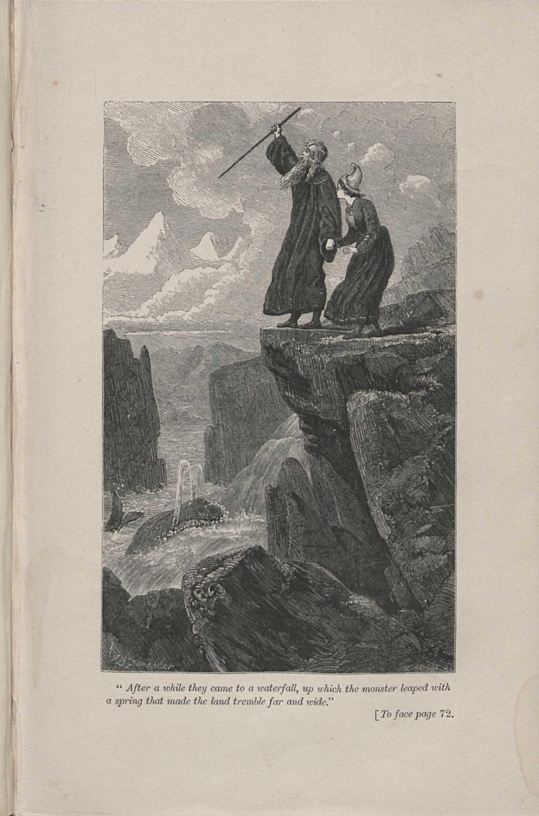 Skeggjaður maður með staf og kona standa á klettabrún og sjá skrímsli stökkva upp foss í gljúfri.
